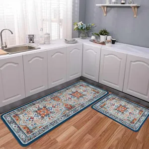Kitchen rug set, non-slip runner and mat, vintage bohemian floral pattern for home use.