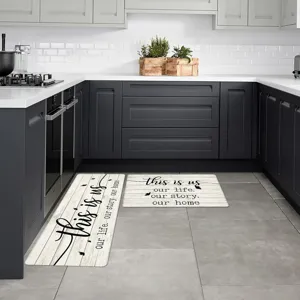 Detailed view of kitchen floor mats featuring wood grain pattern and text design.