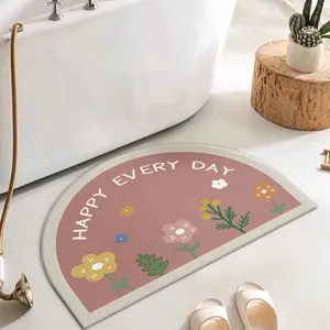 Semi-circle floral bath mat with cute daisy print, anti-slip soft carpet for room