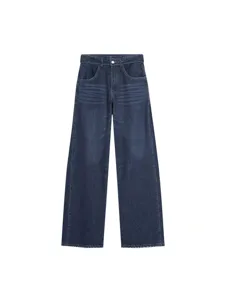 Vintage dark blue wide leg denim trousers for women high waist casual stylish jeans