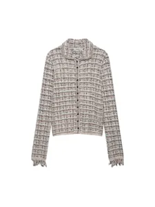 Women Vintage Tweed Knit Cardigan Polyester Lapel Long Sleeve Variegated Single Breasted Fringe Trim Autumn Knitwear Jacket