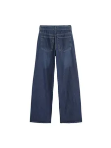 Classic dark blue high-waisted wide-leg denim pants for women, stylish vintage casual trousers.