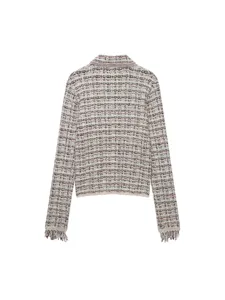 Women's chic tweed knit cardigan with lapel collar and fringe cuffs for autumn fashion.