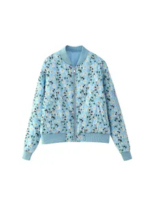 Women's light blue bomber jacket featuring a delicate white daisy floral print and ribbed trim.