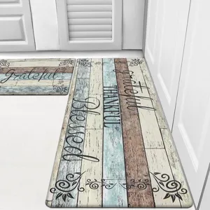 Rustic wood grain kitchen floor mat set of two, anti-slip runner rugs for home decor.