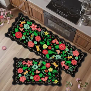Ensemble de tapis de cuisine floral 2 pièces tapis de sol antidérapants noirs