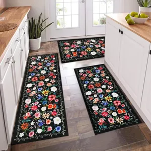 Bohemian floral kitchen rug set of 3, anti-slip washable floor mats for home decor.