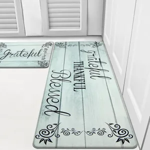 Kitchen floor mat set with vintage wood grain design and gratitude text, non-slip runner rug