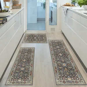 Bohemian floral 3-piece kitchen rug set, non-slip runner and mats for home floor decor.