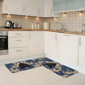 Set de alfombras de cocina, alfombra antideslizante floral y gato negro para hogar 2pcs