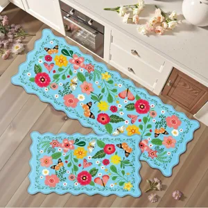 Ensemble de tapis de cuisine, motif floral frais papillon antidérapant et petit tapis de sol.