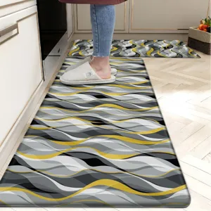 Modern geometric kitchen mat set, non-slip grey and yellow wave pattern runner rug.