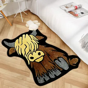 Cute highland cow shaped area rug, fluffy short plush animal doormat for bedroom living room