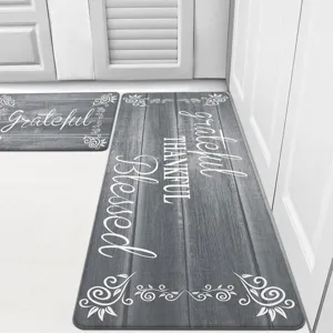 Grey wood grain kitchen floor mat set of two with motivational quotes for home decor.