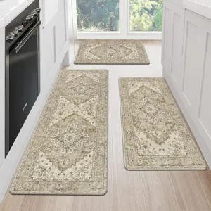 Vintage Persian style 3-piece kitchen mat set, non-slip absorbent rugs for home floor decor.