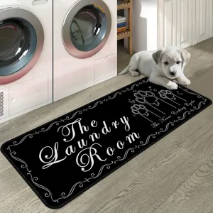 Close-up of laundry room floor mat with cute puppy, black anti-slip surface details.