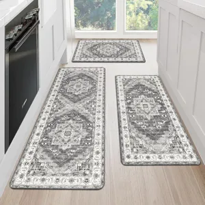 Grey vintage Persian style kitchen rug set of 3 runner and floor mats for home decor.