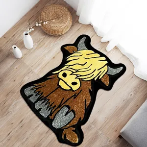 Cute highland cow shaped area rug, soft short plush non-slip floor mat for living room bedroom