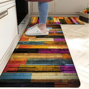 Colorful rustic wood plank kitchen mat set, non-slip runner rug for home floor decor.