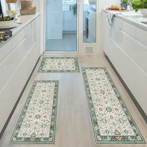 Bohemian floral kitchen mat set detail showing vintage pattern, non-slip runner rug for home.