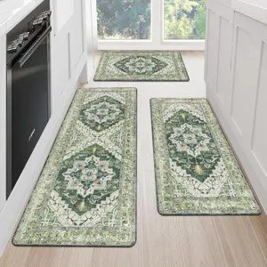 Vintage green Persian style kitchen mat 3-piece set, non-slip runner and floor rugs for home.