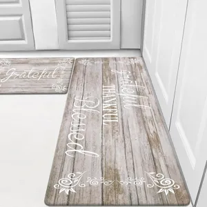 Detailed view of vintage wood grain kitchen mat set featuring inspirational typography text.