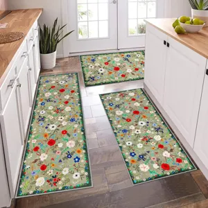 Bohemian floral kitchen mat set, botanical runner rugs for home floor decor detail view