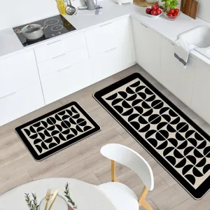 Ensemble de tapis de cuisine géométriques, tapis antidérapant noir et beige pour sol de cuisine.