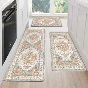 Vintage Persian kitchen mat 3-piece set, non-slip runner rug for home floor decor.