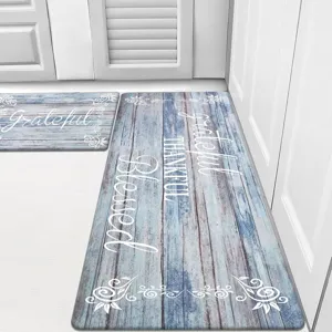 Retro wood grain kitchen mat set detail, non-slip absorbent floor rug for home cooking.