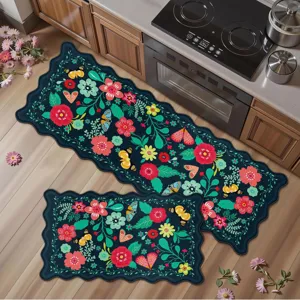 Vue détaillée du set de tapis de cuisine, motif floral papillon et tapis de couloir.