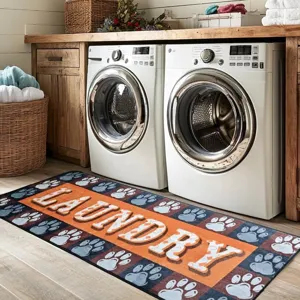 Dog paw print laundry room floor mat, durable anti-slip washing machine rug for home use.