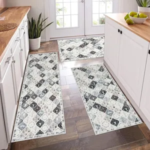 Bohemian floral kitchen rug set of 3, non-slip washable floor mats for home decor.
