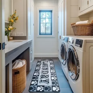 Detail view of the laundry room floor mat with paw prints and bold lettering design.