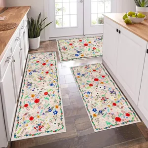 Boho floral kitchen mat 3-piece set non-slip washable floor runner rugs for home cooking