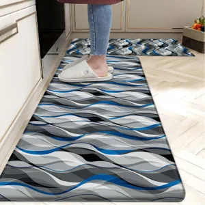 Modern geometric kitchen mat set, anti-slip blue and grey floor runner, detail view.