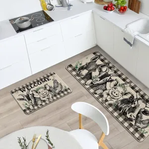 Ensemble de tapis de cuisine ferme avec motifs animaux vintage et carreaux classiques.