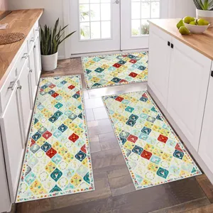 Bohemian floral kitchen mat set, 3-piece non-slip washable rugs for home floor decor.