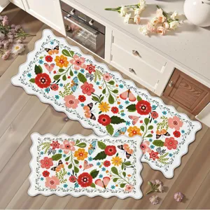 Ensemble de tapis de cuisine à fleurs fraîches, tapis de couloir antidérapant.