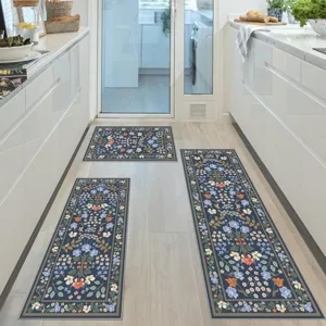 Detailed view of the 3-piece kitchen runner mat set featuring vintage floral prints.