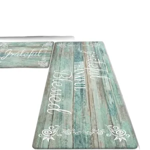 Turquoise retro wood grain kitchen mat set of two with motivational text and floral decor.