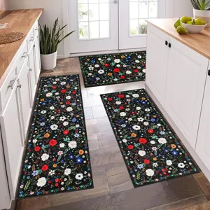Bohemian floral kitchen mat 3-piece set, non-slip runner and rugs for home decoration.