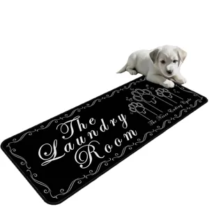 Black laundry room floor mat with cute dog paw prints and text for modern home decor
