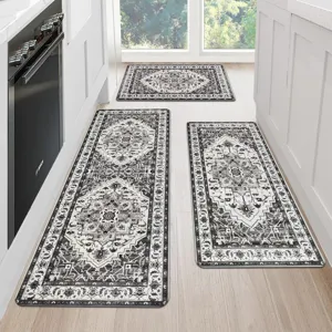 Kitchen mat set of 3 vintage black white Persian medallion non-slip anti-fatigue rugs