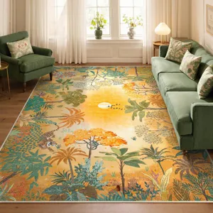 Large tropical jungle sunset living room rug, soft cashmere-like botanical floral carpet.