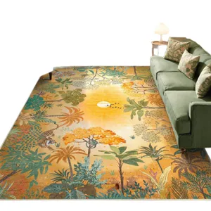 Midnight jungle green plush rug, large rectangular botanical floral living room carpet.