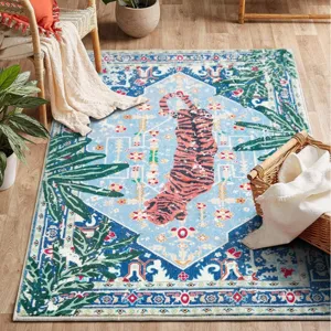 Vintage Tropical Tiger Pattern Area Rug Non-Slip Washable Polyester Carpet For Living Room Bedroom Home Decor