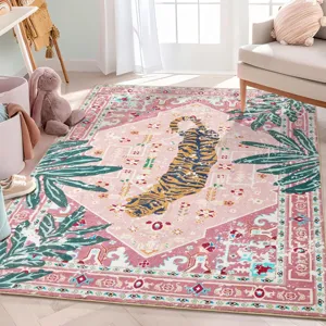 Boho vintage style rug with tiger pattern and tropical leaf design for living room and bedroom.