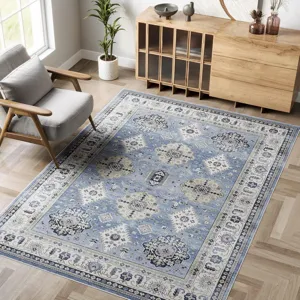 Vintage Persian area rug, blue and beige traditional floral design for living room floor.