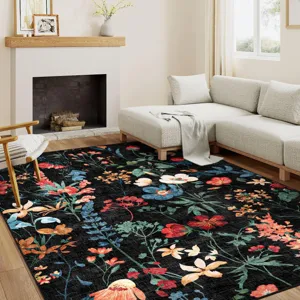 Tapis de salon floral vintage, grand tapis botanique noir pour chambre table basse canapé.